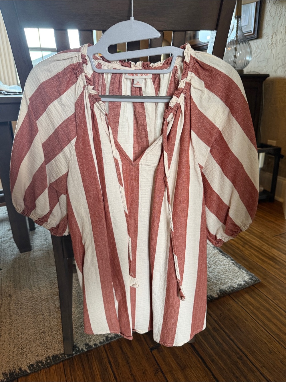 Knox Rose Rust & Cream Striped Puff-Sleeve Peasant Top